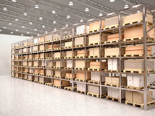 istock 3d illustration of rows of shelves with boxes in modern warehouse 483104370