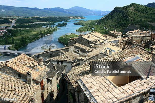 Ainsa Town With Mediano Reservoir Stock Photo - Download Image Now - Reservoir, 2015, Aragon