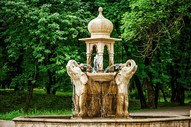 Elephants Fountain in park. Nalchik, Russia stock photo