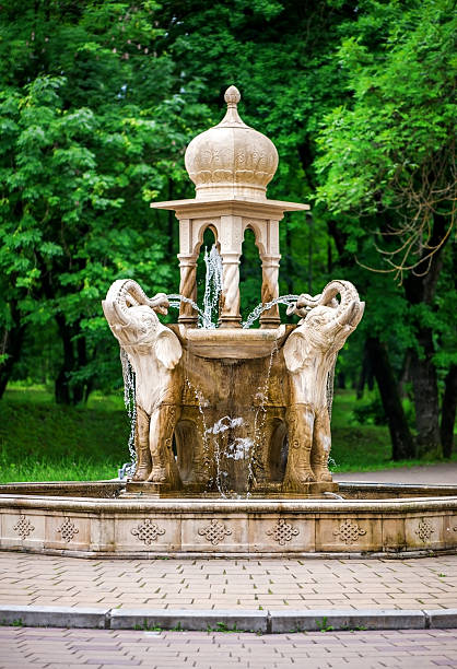 Elephants Fountain in park. Nalchik, Russia stock photo