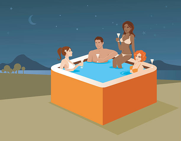 Young Man Sitting in Hot Tub with Three Women sipping champagne in the tub with three hot chicks! bachelor and bachelorette parties stock illustrations