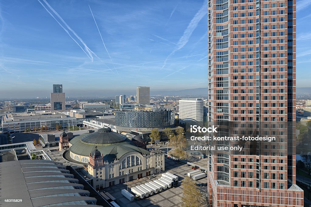 Frankfurt Trade Fair Ground Exhibition Grounds Frankfurt am Main, Germany - October 31, 2013: Aerial view at the Frankfurt Trade Fair Grounds. This is ground is owned by one of the world largest trade fair companies - the "Messe Frankfurt" . The exhibition grounds are located in the Bockenheim and Westend district. The company is owned by the city of Frankfurt and State of Hesse. Messegelande Stock Photo