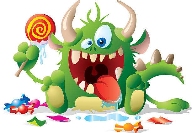 Monster kid with candies Little monsters are just like kids. Cute, Happy, not scary at all... and yeah... totally love candies! :) candy in mouth stock illustrations