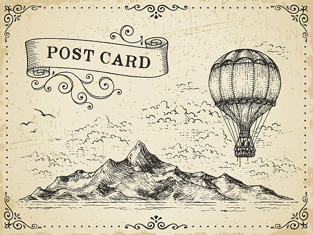 vintage post card - hot air balloon illustrations stock-grafiken, -clipart, -cartoons und -symbole