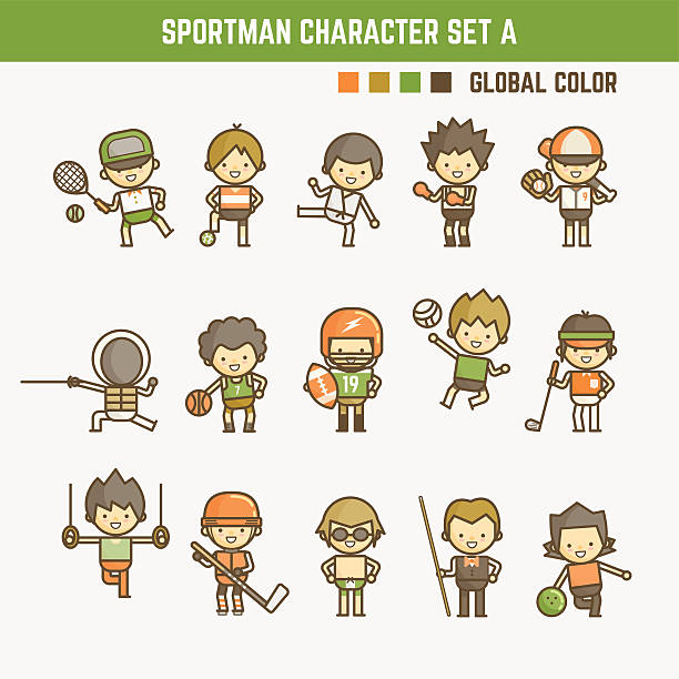ilustraciones, imágenes clip art, dibujos animados e iconos de stock de contorno de historieta sportman juego de caracteres - tennis in a row team ball