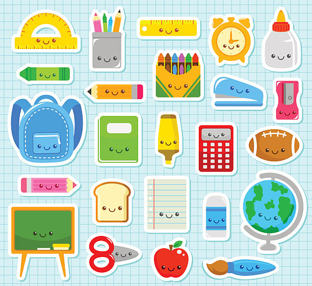 süße school-artikel - kawaii stock-grafiken, -clipart, -cartoons und -symbole