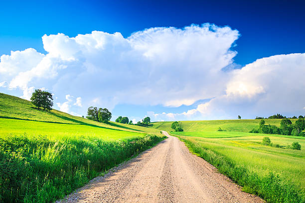 Country Road, Rolling Hills and Valleys - Farmland Landscape stock photo