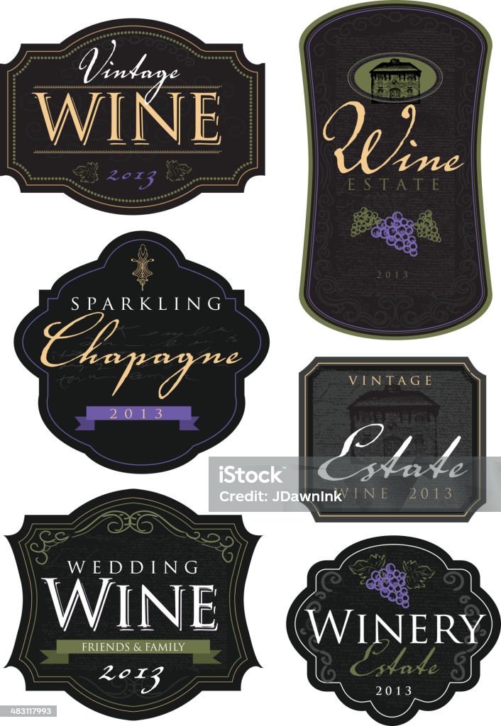 Set of vintage wine and champagne labels Set of vintage textured wine labels with wine related text on white background. Black label theme with olive green, purple and pale yellow accent colors.  Label stock vector