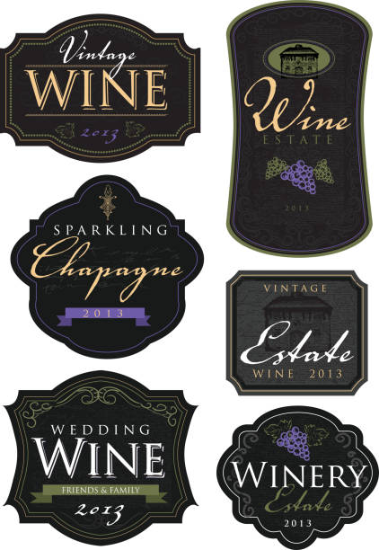 Set of vintage wine and champagne labels Set of vintage textured wine labels with wine related text on white background. Black label theme with olive green, purple and pale yellow accent colors. Champagne stock illustrations