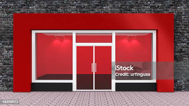 Empty Red Store Front With Big Windows Stock Photo - Download Image Now - Store Window, No People, 2015