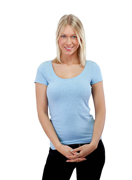 istock Slim blonde girl in plain blue t-shirt frontview isolated 483118919