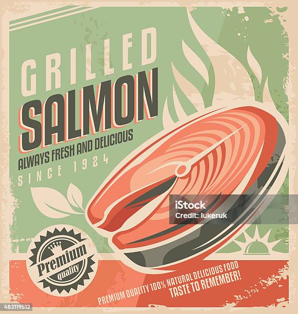Grilled Salmon Retro Poster Design Stock Illustration - Download Image Now - Roast Dinner, Old-fashioned, Retro Style