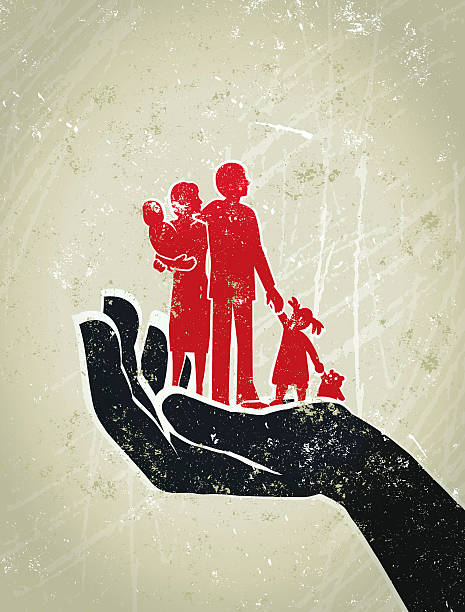 Parents, Children Standing on a Giant Protective Hand A Helping hand! A stylized vector cartoon of a giant hand and a Family. Suggesting  - love, family unit,insurance, protection, safety, Home or a helping hand. House, Family, Tint., paper texture and background are on different layers for easy editing. Please note: This is an eps10 illustration. Multiply transparency used on layer Tint and shadow, clipping paths have been also been used, an eps 8 version is included without the path and transparency. assistance illustrations stock illustrations