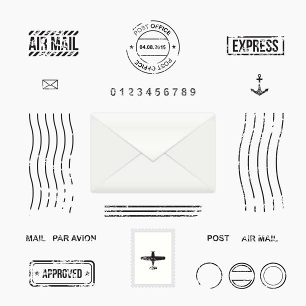 набор пост штамп символы - mail label envelope symbol stock illustrations