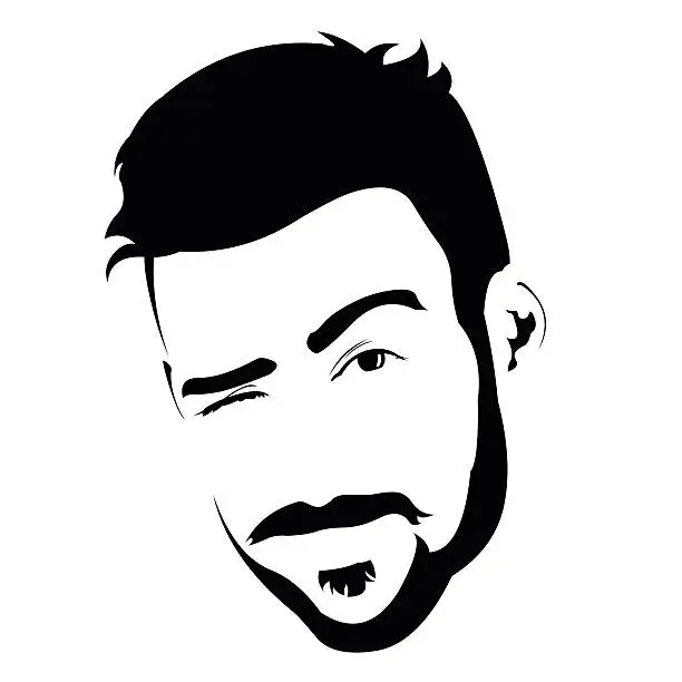 Vector illustration of Portrait of young bearded charming man winking at camera.