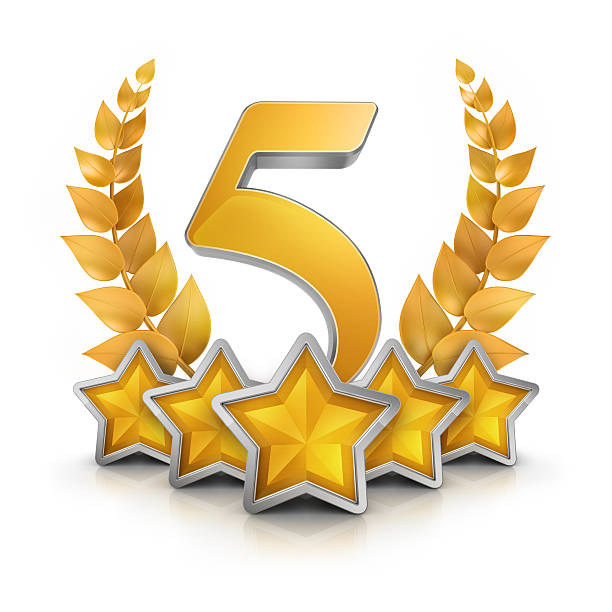 five star badge reward Complex five star class seal or badge, with laurel gold branches, high quality 3D rendered icon for luxury and hotel services concepts.. laurel maryland stock pictures, royalty-free photos & images