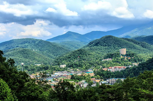 Aerial view of Gatlinburg, Tennessee and the Great Smoky Mountains