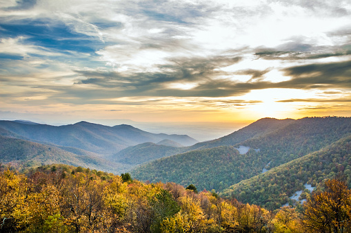 A beautiful sunset in the Appalachian mountains of Shenandoah National Park, Virginia.