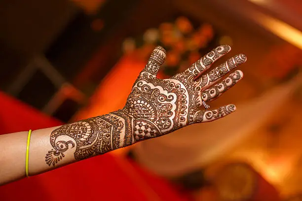 Photo of Human hand decorated with henna tattoo also called Mehendi