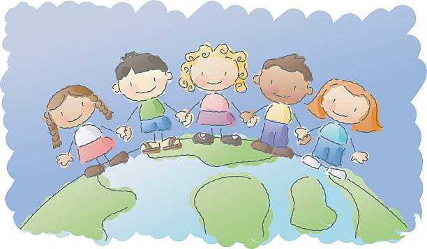scribbles: world kids multiethnic kids on top of a globe. layered and grouped for easy editing. african american boy drawing stock illustrations