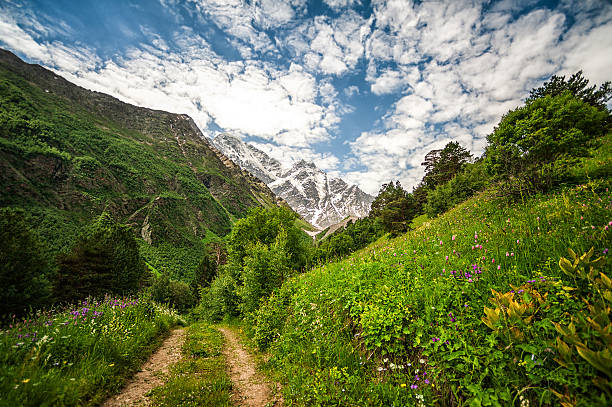 Mountain Cheget and snow-capped peaks of Mount Donguzorun stock photo