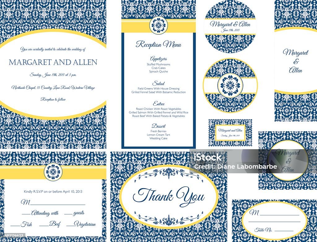 Bleu & or de mariage Invitation damassée - clipart vectoriel de Tenue habillée libre de droits