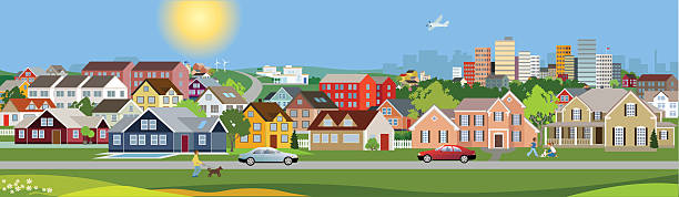 Panoramic view of a city A busy town with playing kids and huge amount of houses in all sizes and shapes. building exterior illustrations stock illustrations