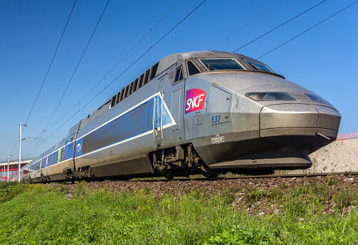 Strasbourg, France - September 22, 2013: SNCF TGV train on a way from Paris to Strasbourg. The second phase of high-speed railway between Strasbourg and Paris \