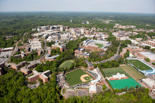 An aerial view of the University of North Carolina campus and surrounding area on April 21, 2013 in Chapel Hill, North Carolina.