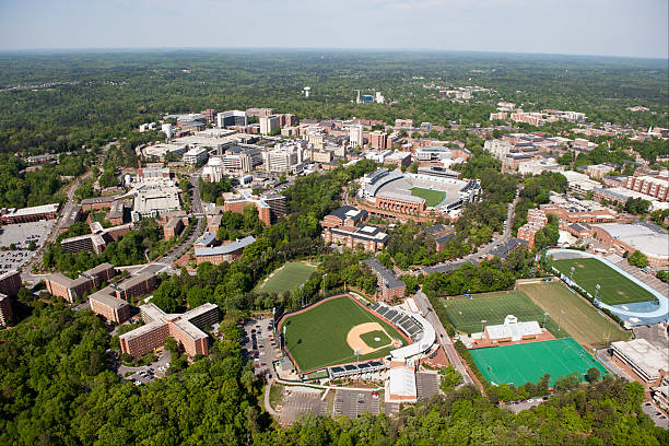 University of North Carolina - Aerial View An aerial view of the University of North Carolina campus and surrounding area on April 21, 2013 in Chapel Hill, North Carolina. Chapel Hill, NC stock pictures, royalty-free photos & images