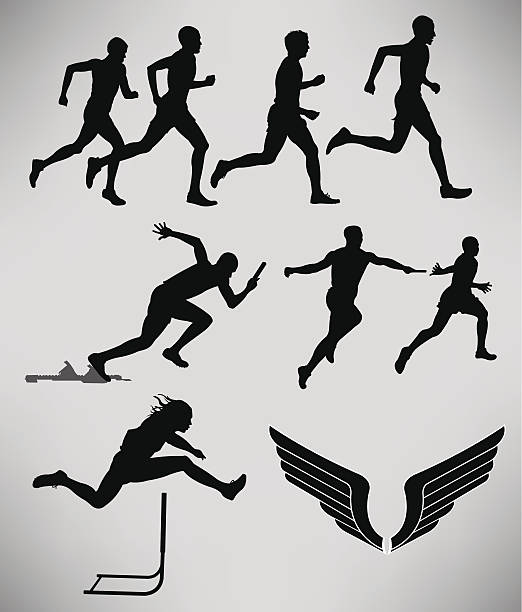 ilustrações, clipart, desenhos animados e ícones de pista e campo-masculino eventos - hurdle competition hurdling vitality