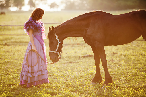 Beautiful young girl with long curly hair wearing purple vintage dress and enjoying in time with her white horse. They spanding time on the field and posing at sunset, when the sun makes wonderful haze in the air. Very shallow depth of field.