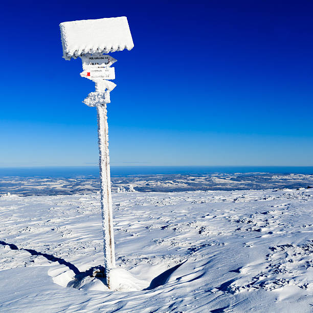 istock Sign and arrows in winter white mountains 483140986