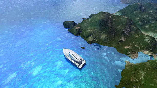 Tranquil scene with a boat in tropical water near green islands shore. 3d render