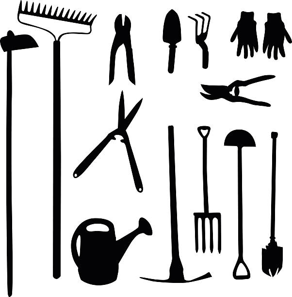 gärtnern-tools - gardening equipment trowel gardening fork isolated stock-grafiken, -clipart, -cartoons und -symbole