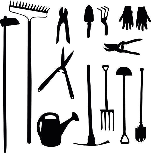 ilustraciones, imágenes clip art, dibujos animados e iconos de stock de herramientas de jardinería - gardening equipment trowel gardening fork isolated