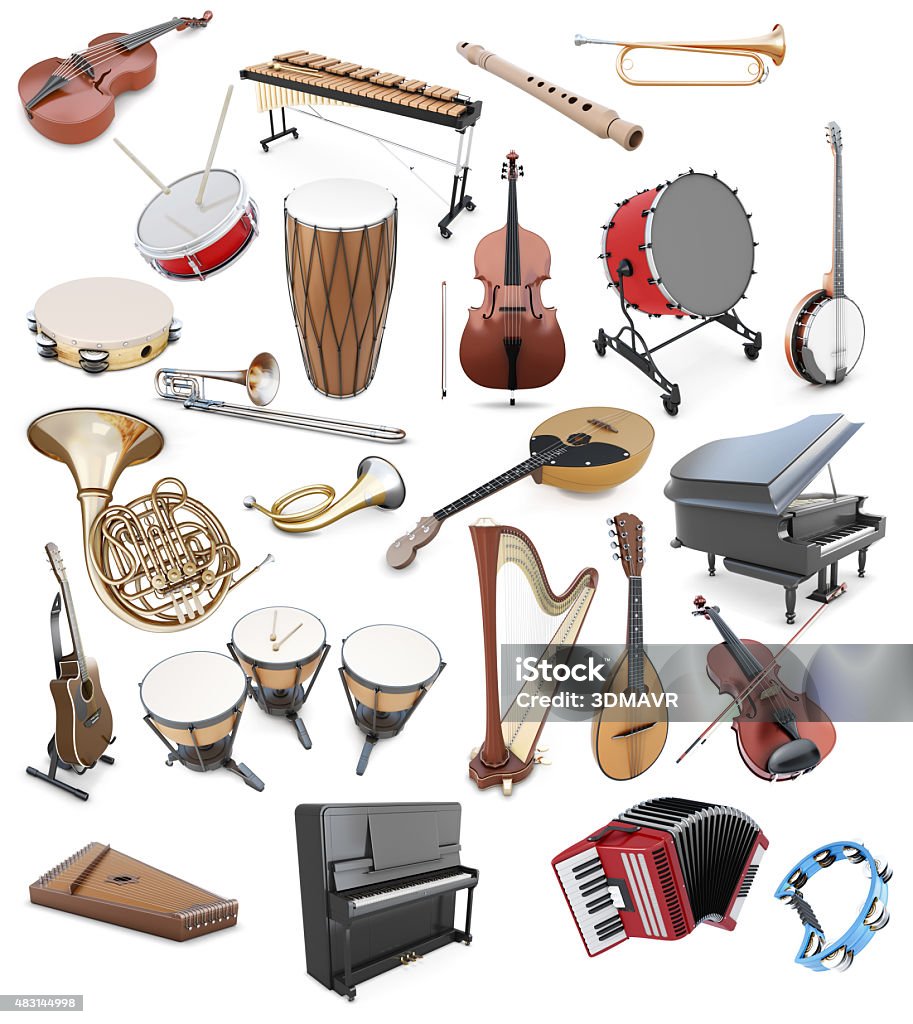 Set of musical instruments on a white background Set of musical instruments on a white background. String Instruments. Percussion tools. Keyboard instrument. 3d illustration. Banjo Stock Photo