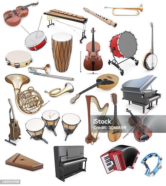 Set Of Musical Instruments On A White Background Stock Photo - Download Image Now - Banjo, Trumpet, Flute - Musical Instrument