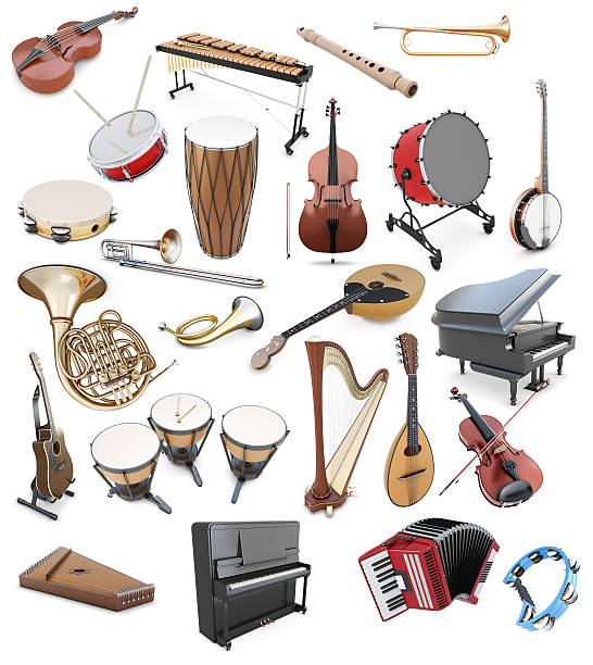 zestaw instrumentów muzycznych na białym tle - gorn zdjęcia i obrazy z banku zdjęć