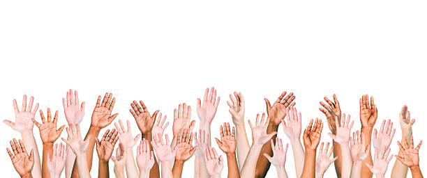 istock Group of Multiethnic People's Arms Outstretched on White Background 483146053