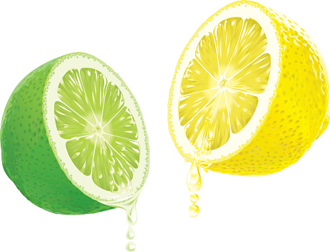 Half lime and lemon with dripping juice.