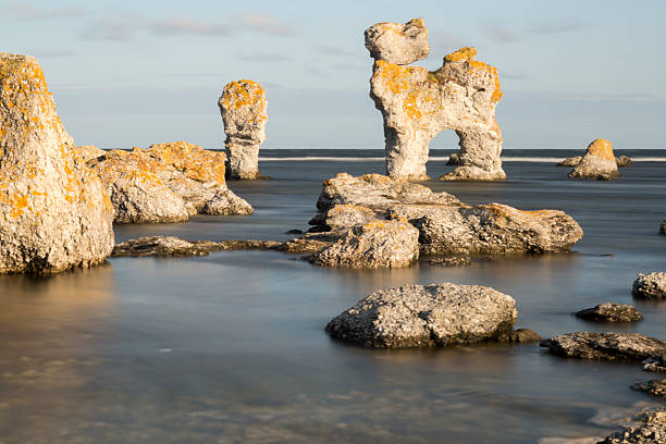 Old eroded limestone stacks on the island of faro outside Gotland in the Baltic sea Sweden.GN