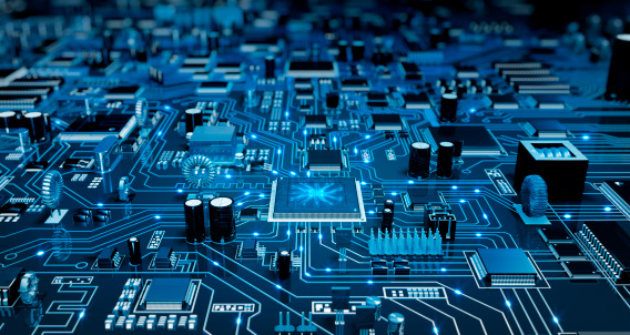 Futurista placa de circuitos. Azul con elecrons. photo