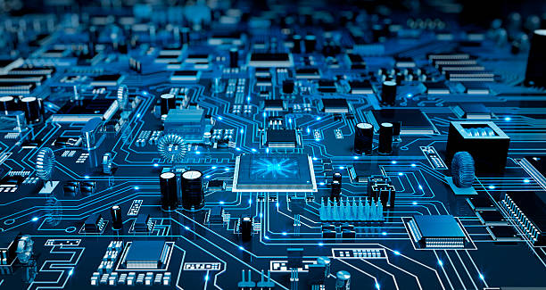 futurista placa de circuitos. azul con elecrons. - componente de ordenador fotografías e imágenes de stock
