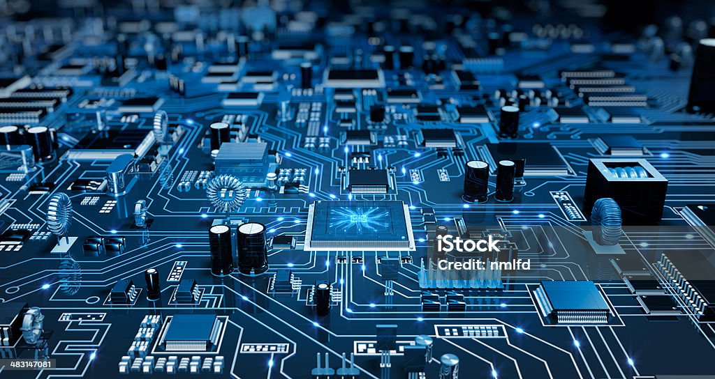 Futuristic Circuit Board. Blue with electrons. High angle view of a futuristic circuit board. Created exclusively for iStockphoto. Circuit Board Stock Photo