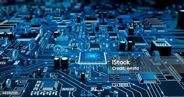 Futuristic Circuit Board Blue With Electrons Stock Photo - Download Image Now - Circuit Board, Computer Chip, Technology