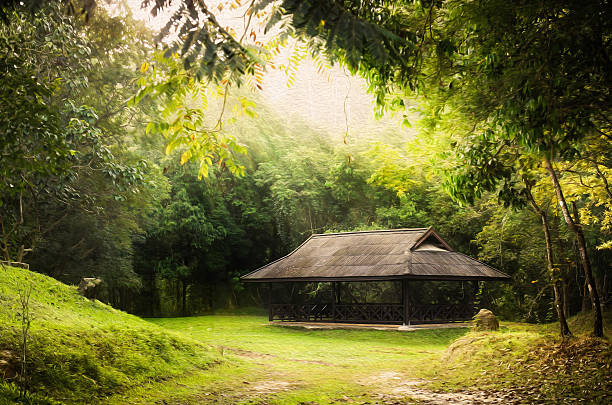 istock Public pavilion round by green forest, oil paint style. 483147781