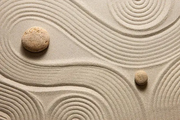 Top view of raked sand with stones