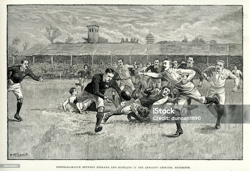 Rugby Match between England and Scotland Vintage engraving of a Rugby Match between England and Scotland, played on the Athletic Ground, Richmond, England on the 7th March 1891 . Scotland won 9 points to 3 . The Illustrated London News, 1891 Rugby - Sport stock illustration