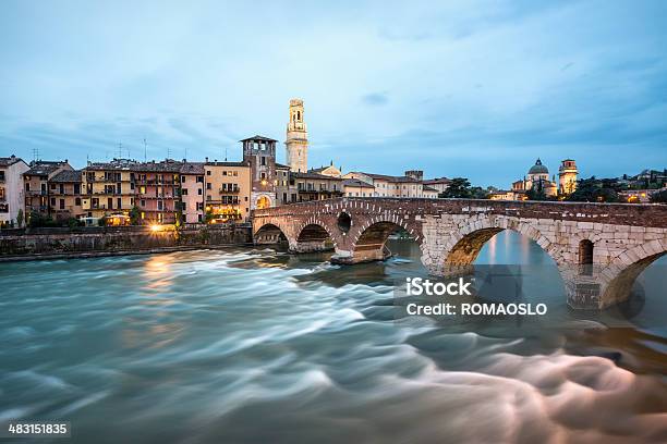 Ponte Pietra At Dusk Verona Italy Stock Photo - Download Image Now - Adige River, Arch Bridge, Bridge - Built Structure